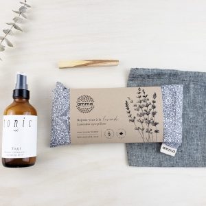 Ensemble cadeau YOGI (repose-yeux, brume, palo santo et pochette) choix de couleur varié